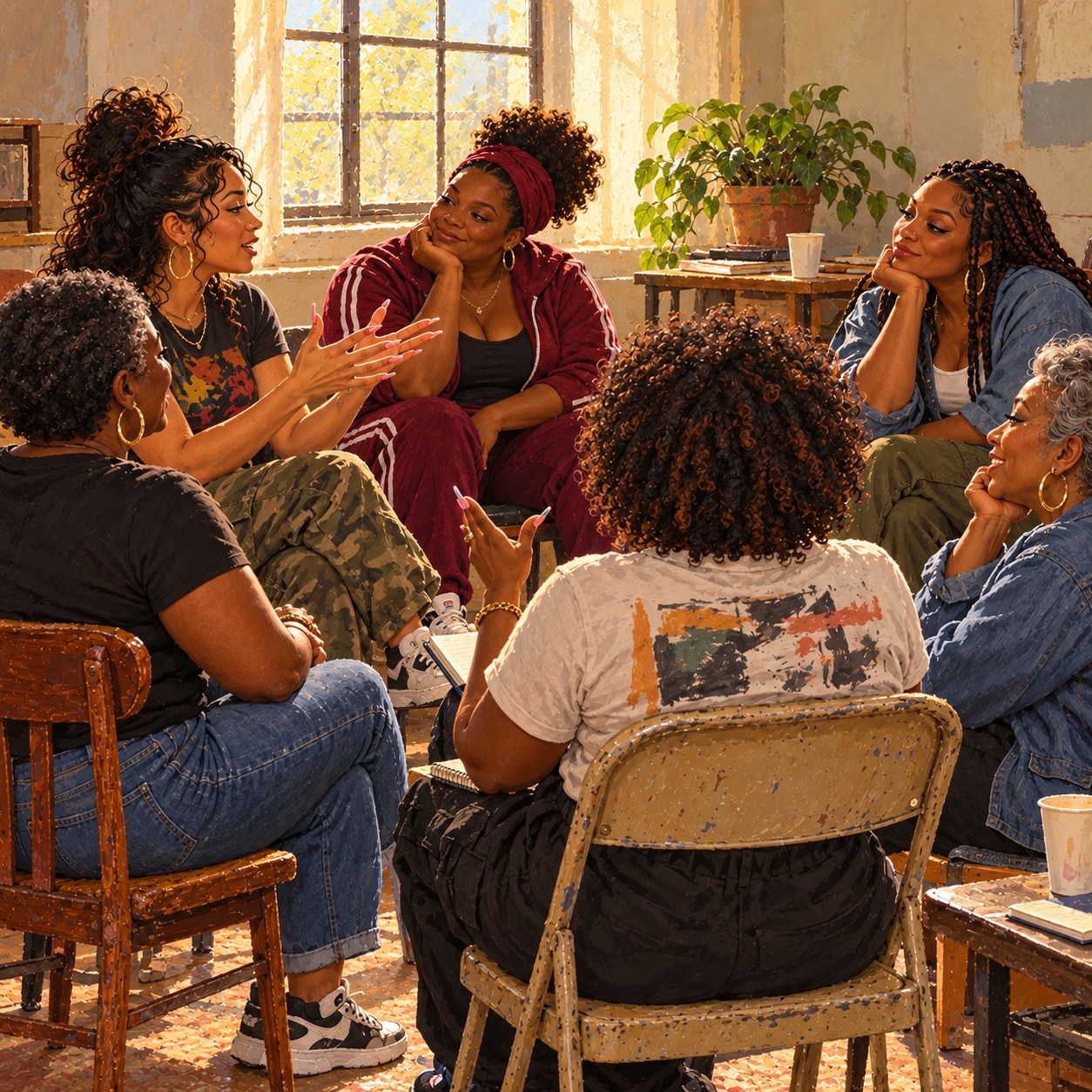 Illustration of women listening to one another in a warm, sunlit room